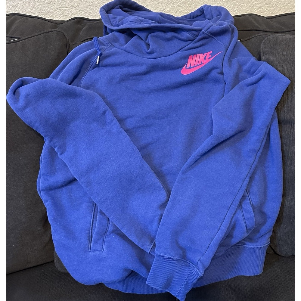 VINTAGE Nike Sportswear Rally Funnel Cowl Neck Hoodie Women Med Pullover Blue